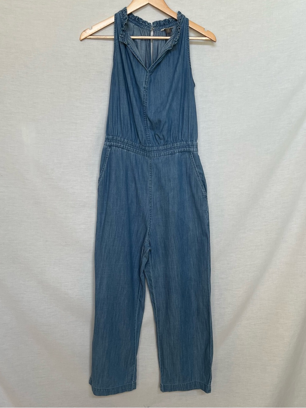 Point Sur Sleeveless Denim-Blue Cotton/Lyocell Blend Jumpsuit w/Ruffled Neckline